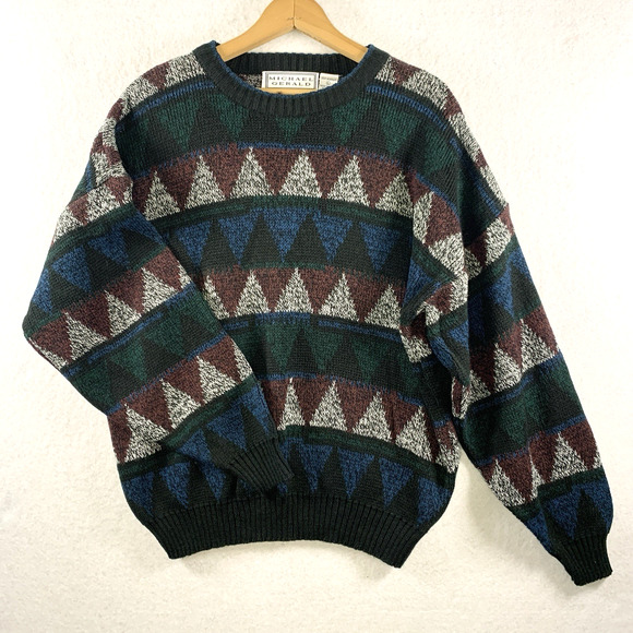 Vintage Mens Geometric Slouchy Sweater Sz L Grandpa Dad Grunge Korea Jacquard - Picture 1 of 11